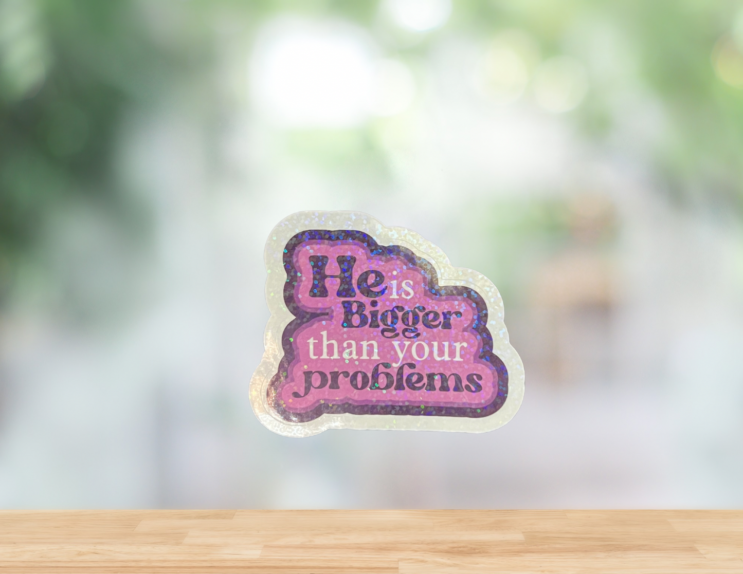 A decorative wall art print titled "He is Bigger Than Your Problems" by My Store, featuring inspiring typography on a neutral background.