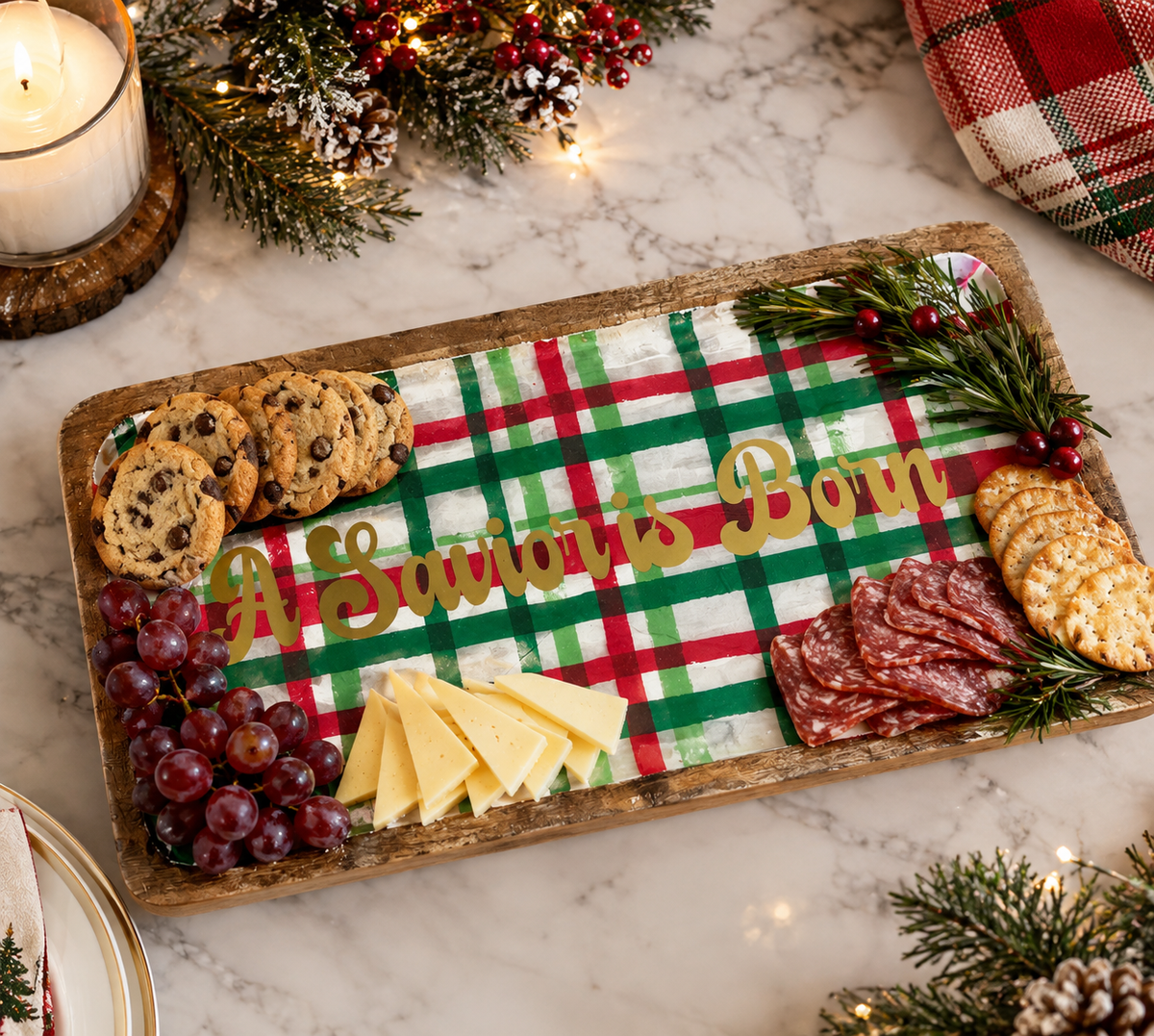 A Savior Is Born Acacia wood serving platter by Sons & Daughters
