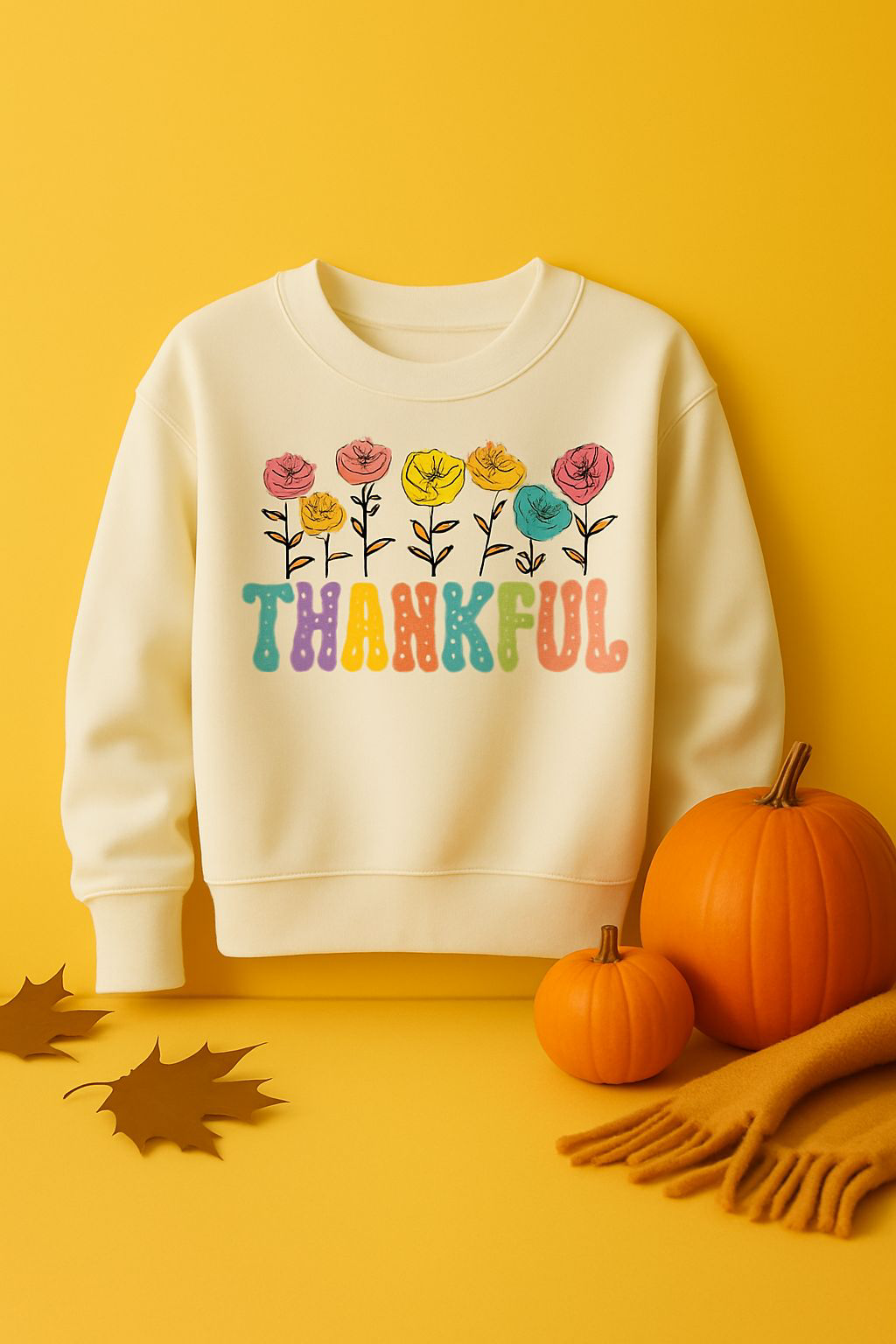 Sons & Daughters thankful sweatshirt T-shirt with thankful text print, cozy fabric, and casual fit, shown in a front view.