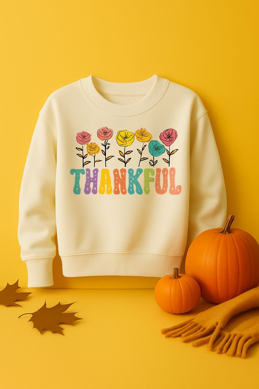 Sons & Daughters thankful sweatshirt T-shirt with thankful text print, cozy fabric, and casual fit, shown in a front view.