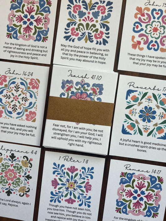 Mini scripture cards from Sons & Daughters featuring Hope and Joy messages, displayed with colorful designs and inspirational text.