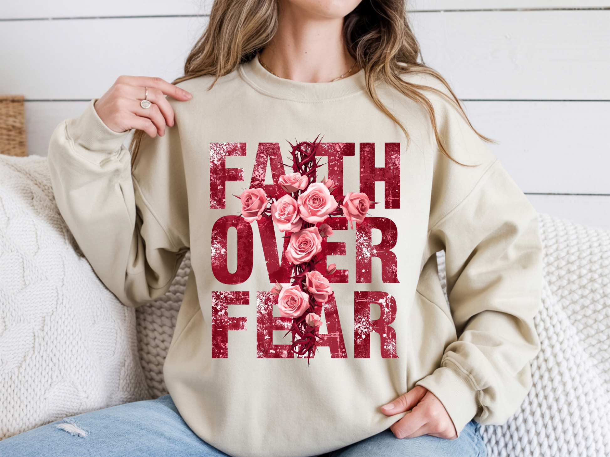 Sons & Daughters Faith over Fear sweatshirt in black with white text, casual fit, and ribbed cuffs and hem.