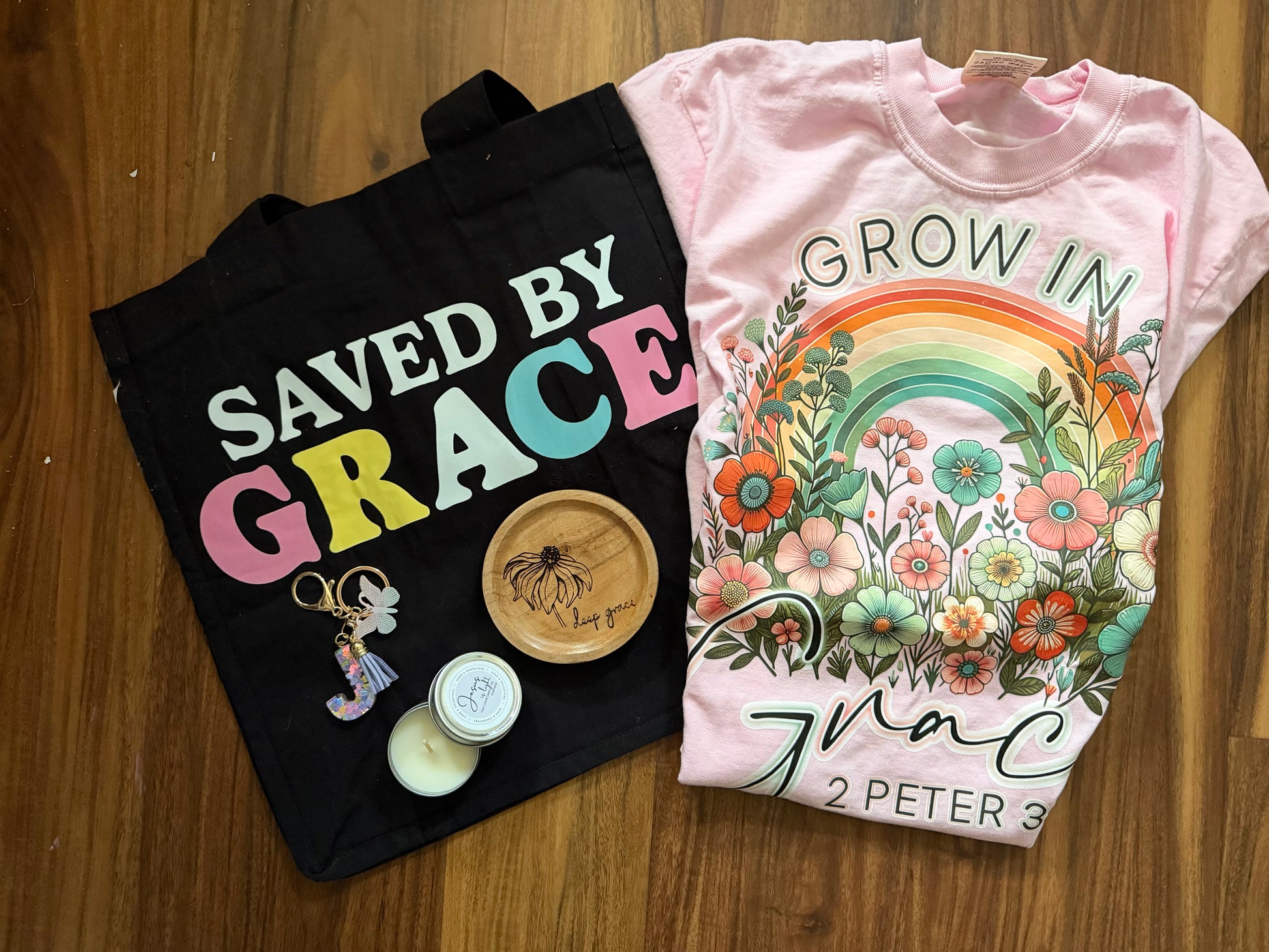 Mystery gift box with Grace theme from Sons & Daughters, includes spiritual soul care kit, t-shirt, and bag.