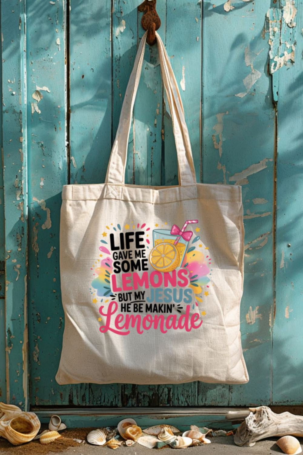 Sons & Daughters My Jesus Makes Lemonade Canvas tote bag with printed design and sturdy handles, ideal for everyday use.