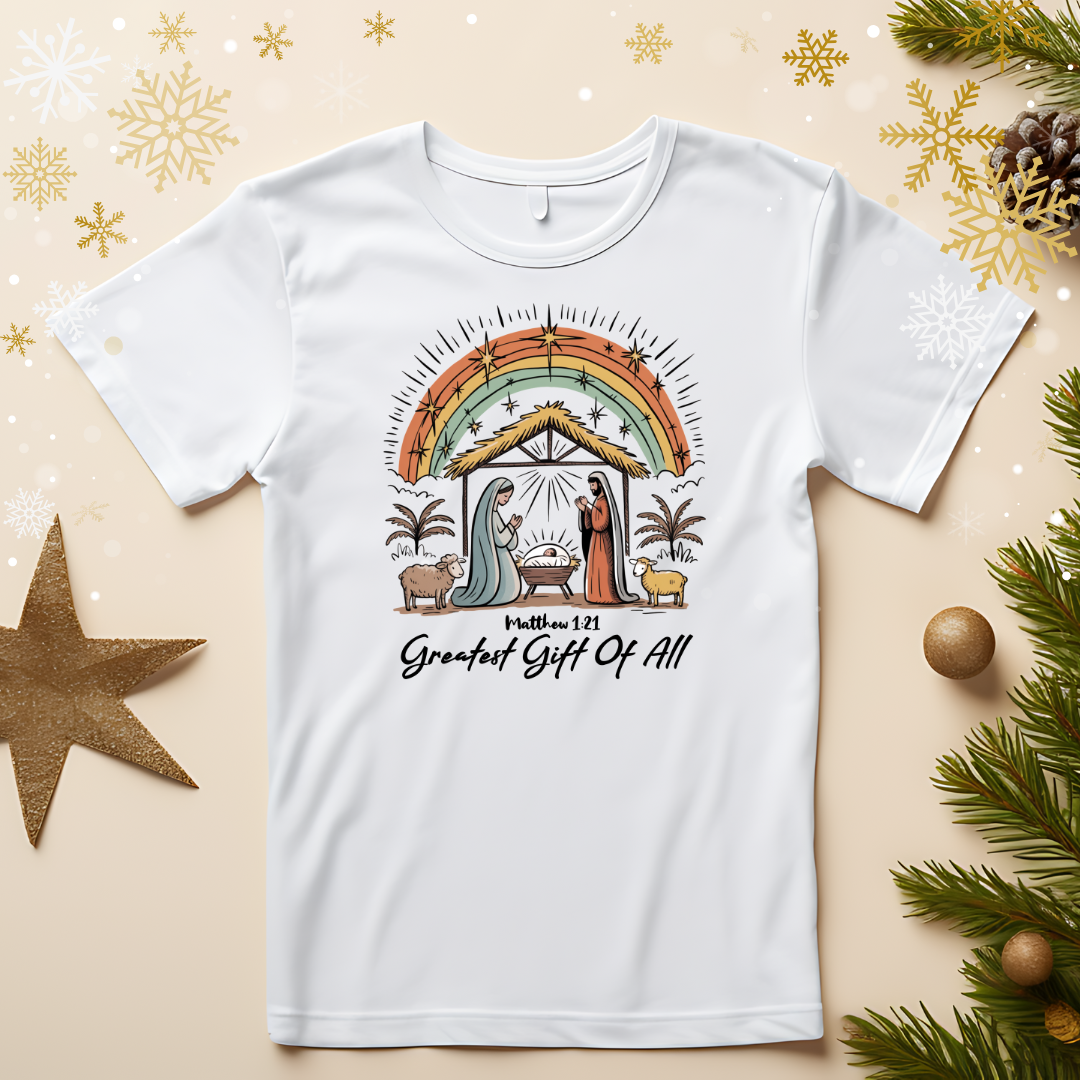 Sons & Daughters "Greatest gift" T-shirt featuring bold text design on a casual cotton shirt.