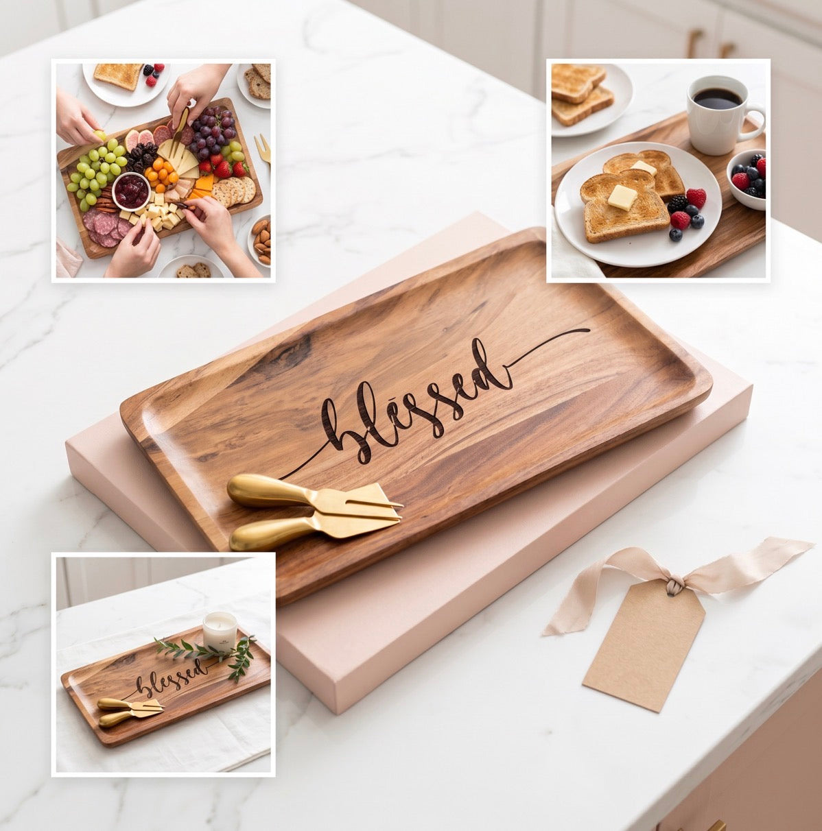Solid wood decorative tray by Sons & Daughters, blessed acacia platter for faith-themed home decor and serving display.