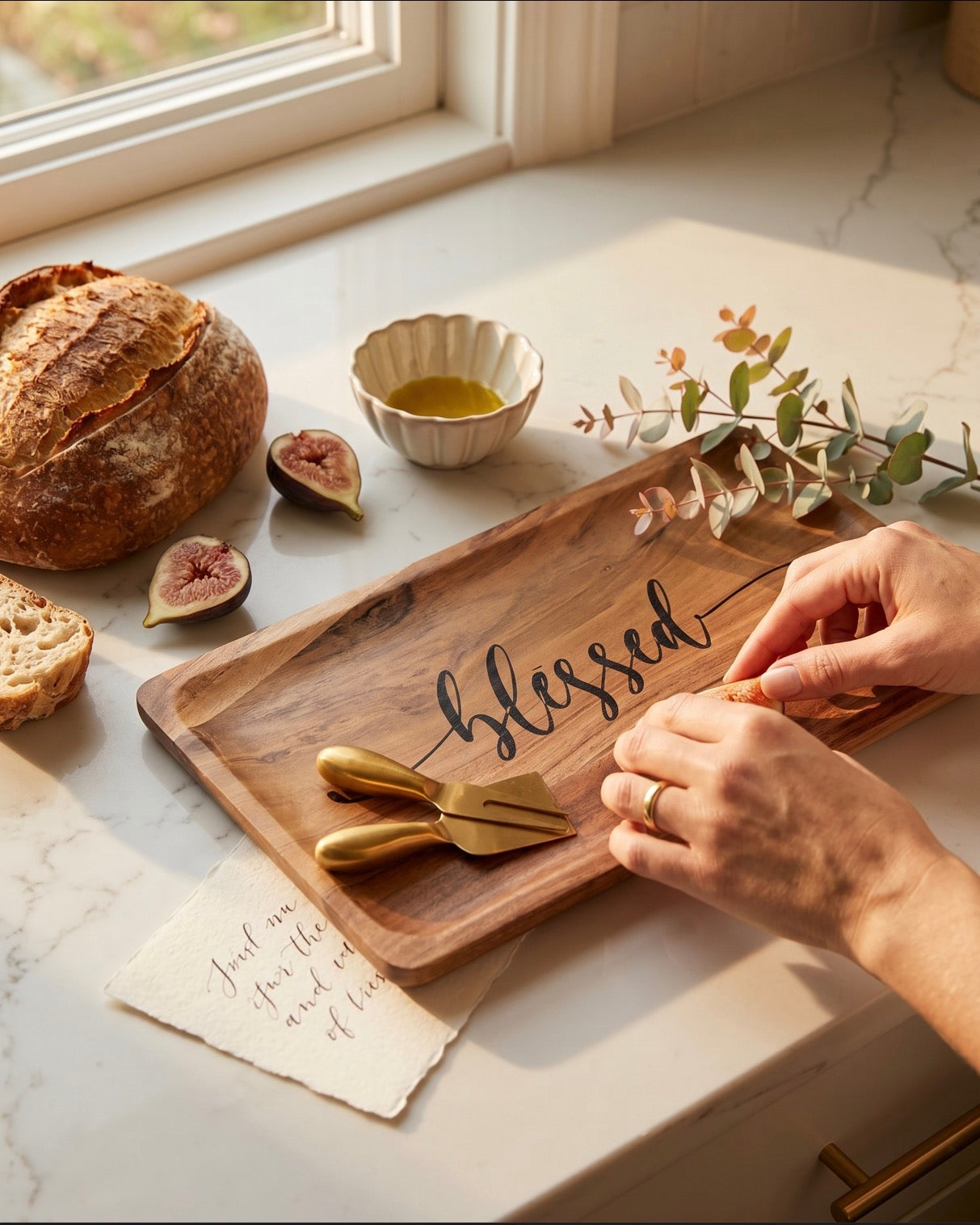 Solid wood decorative tray with Blessed Acacia design, serving as faith-inspired home decor by Sons & Daughters.