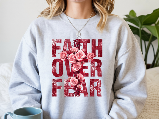 Sons & Daughters Faith over Fear sweatshirt, black crewneck with white text, casual apparel for faith-based style.
