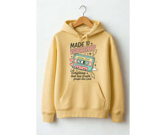 Sons & Daughters Made to Worship hoodie, black with white text, front view, casual fit, soft fabric, graphic design on chest.