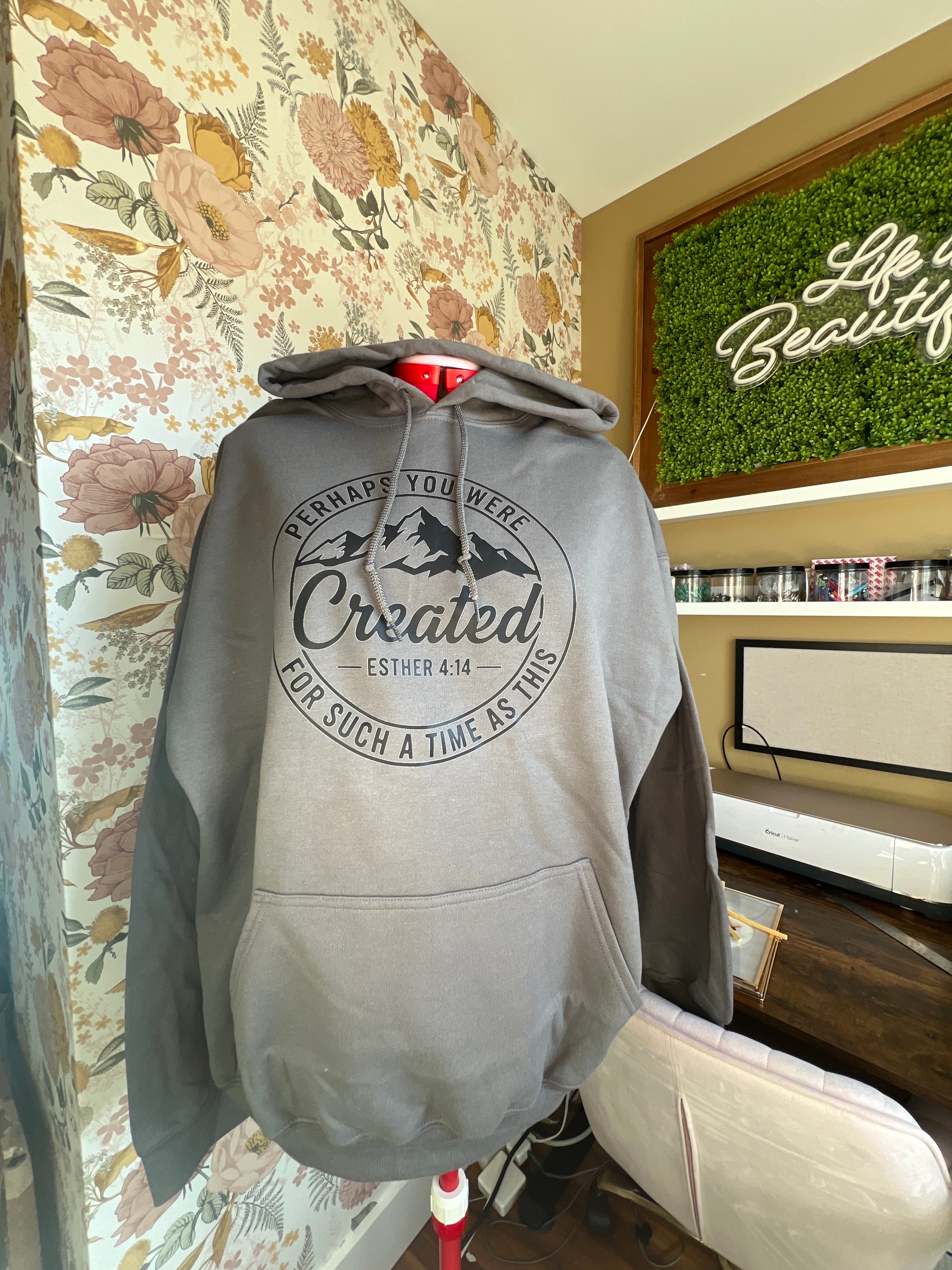 Sons & Daughters "Created for Such a Time as This" hoodie in gray, featuring inspirational text and a comfortable fit.