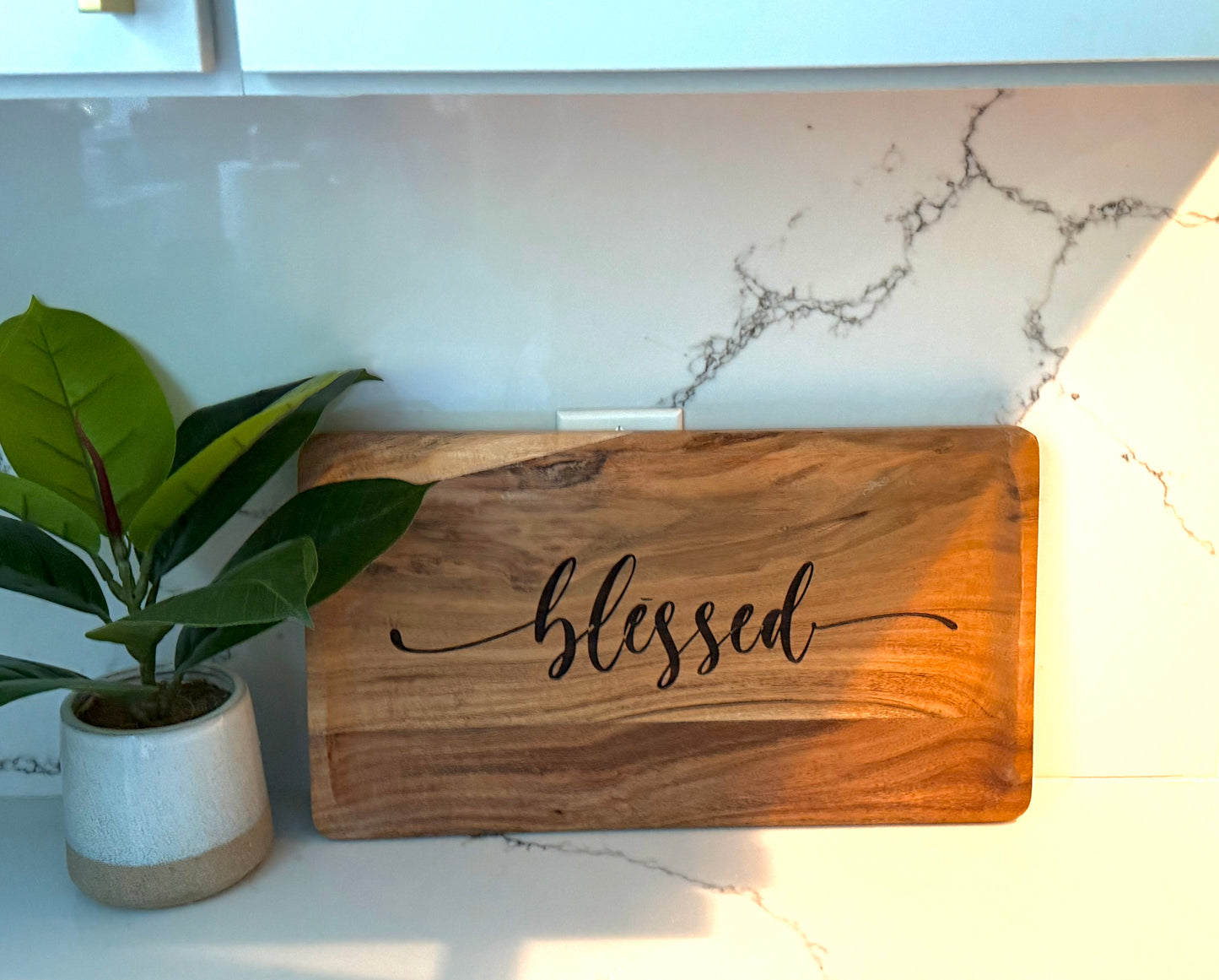 Solid wood decorative tray by Sons & Daughters, blessed acacia platter with faith-themed serving decor for home.