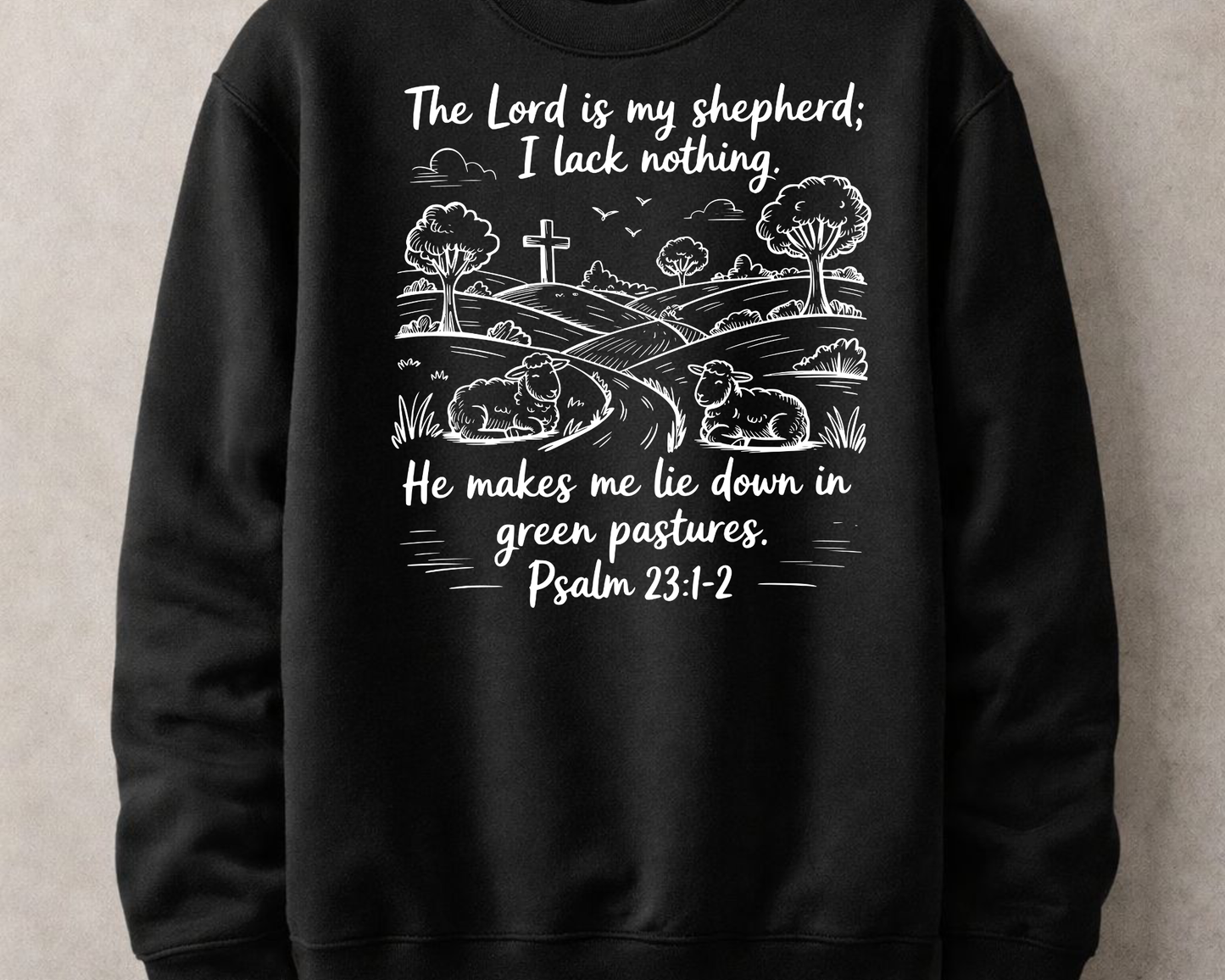 Sons & Daughters Psalms 23 Christian sweatshirt with crewneck, featuring biblical verse design in Faithful Fashion style.