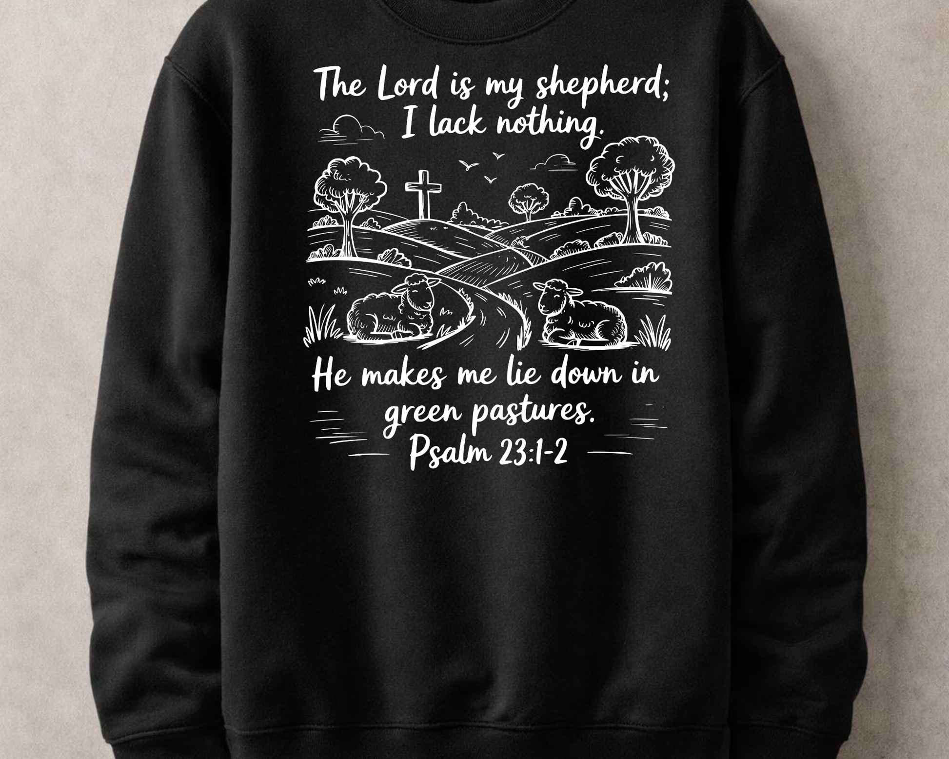 Sons & Daughters Psalms 23 Christian sweatshirt with crewneck, featuring biblical verse design in Faithful Fashion style.