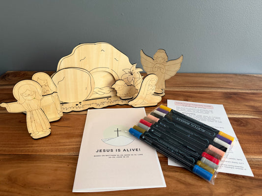 DIY Resurrection Tomb craft kit by Sons & Daughters featuring wooden tomb scene for Christian Easter activities for kids.