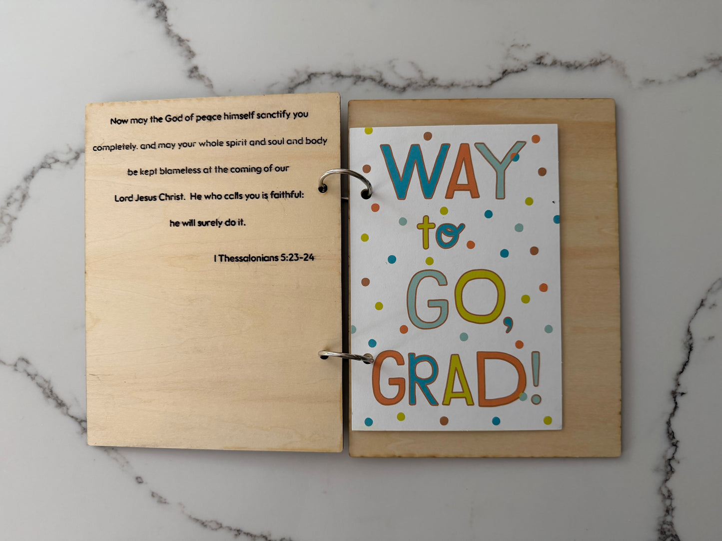 Personalized wooden graduation card holder with engraved message, featuring Bible verse option, ideal for senior graduation keepsake.