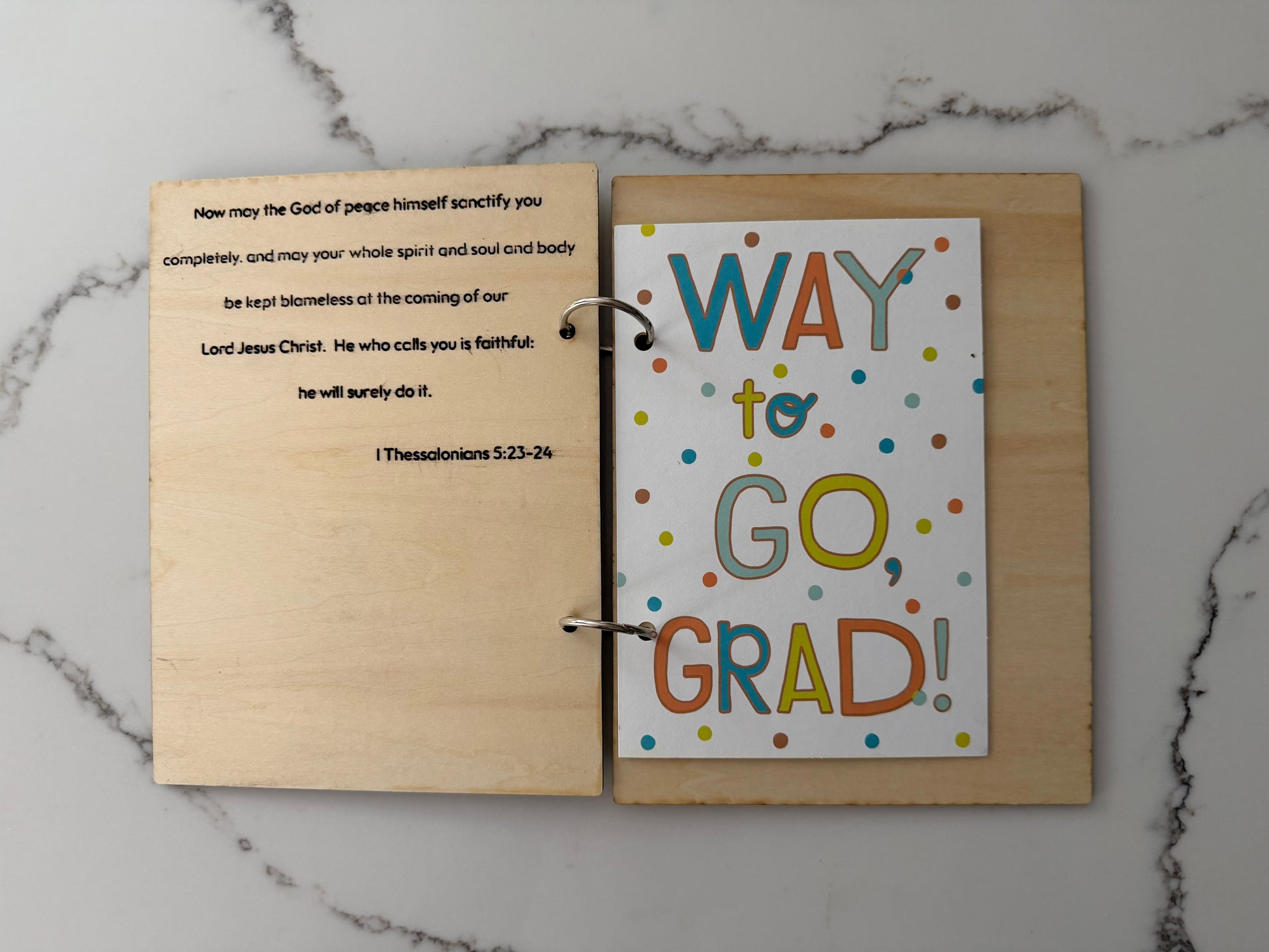 Personalized wooden graduation card holder with engraved message, featuring Bible verse option, ideal for senior graduation keepsake.