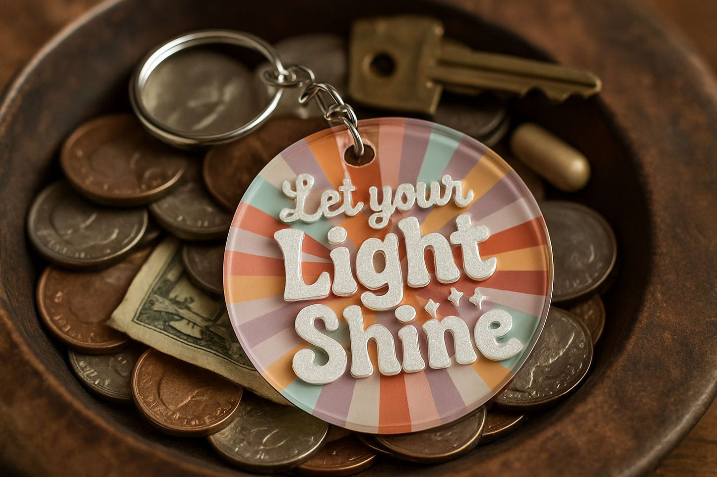 Sons & Daughters Kingdom keychain or bag tag featuring a detailed design with a gold-tone finish and decorative elements.