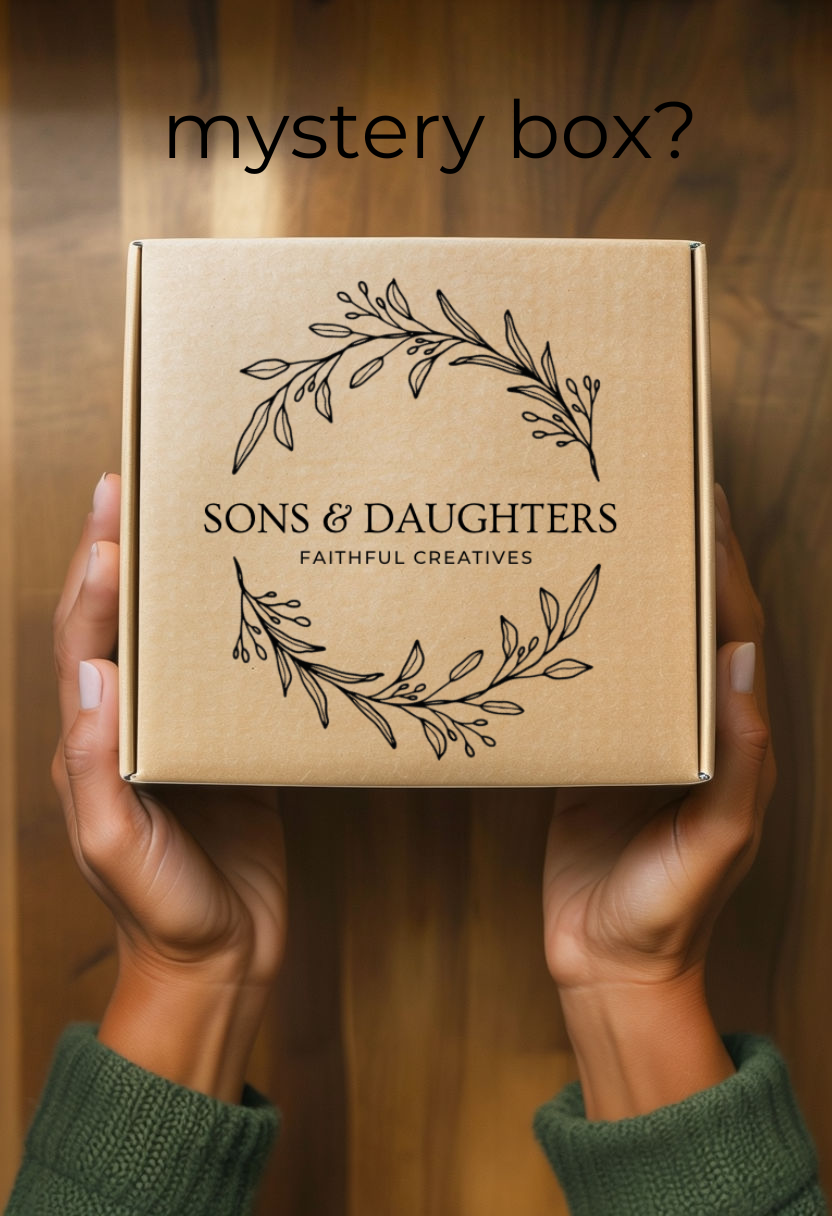 Mystery faith box gift with Sons & Daughters T-shirt inside, featuring a heartfelt hug-in-a-box design and meaningful faith-themed packaging.