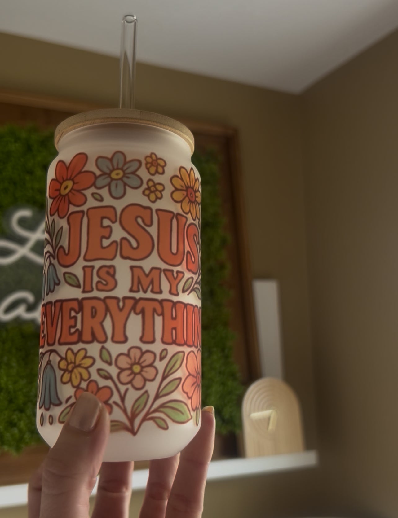 Glass can with lid featuring "Jesus is my Everything" design by Sons & Daughters, showcasing the inspirational message on the surface.