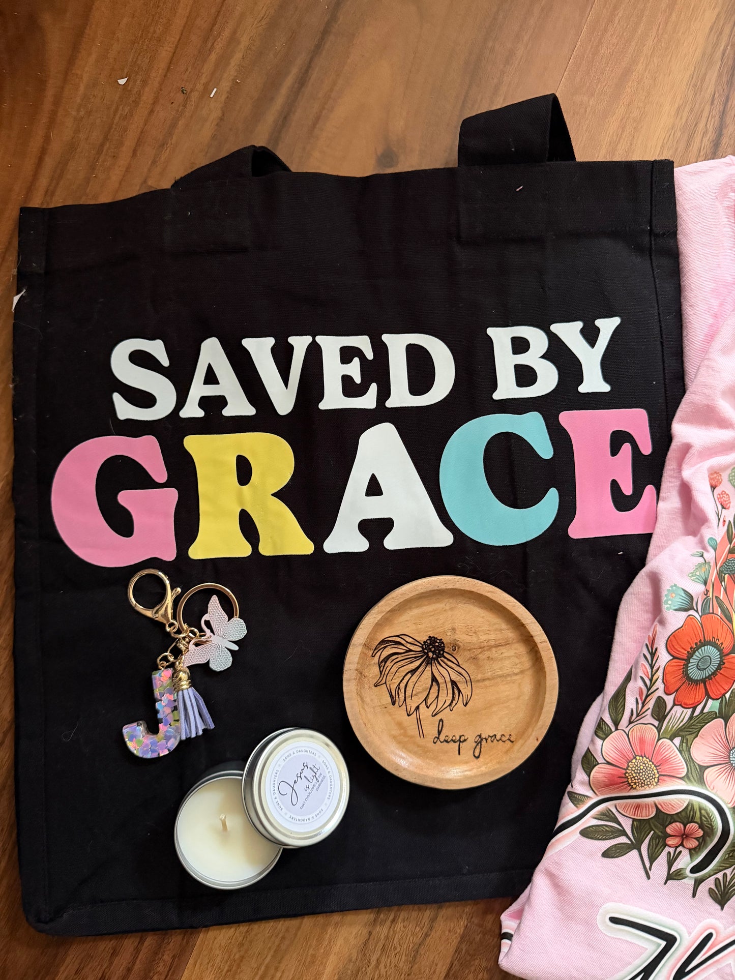 Sons & Daughters Mystery Gift Box with Grace theme, including spiritual soul care kit, t-shirt, and bag, in vibrant packaging.
