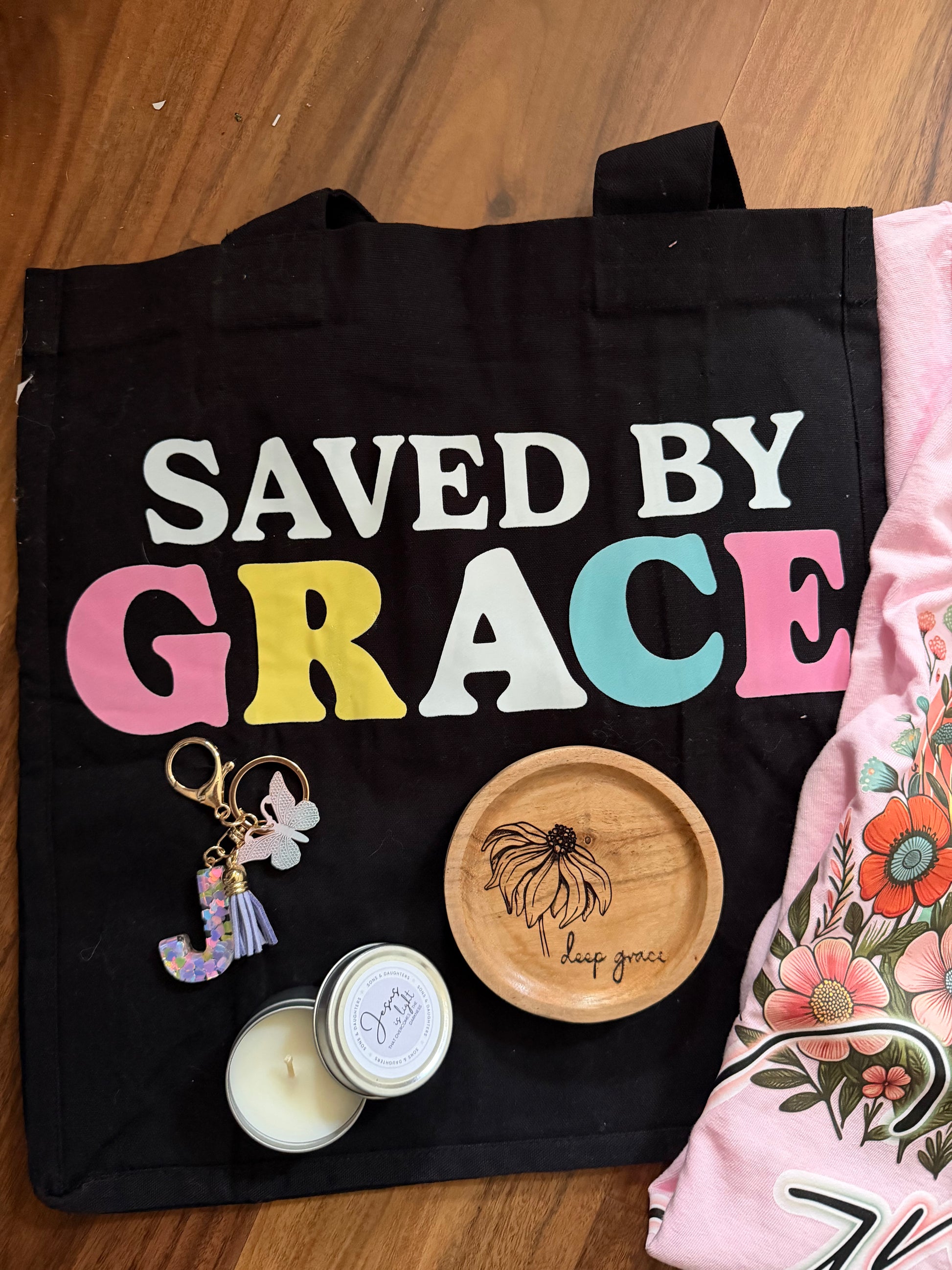 Sons & Daughters Mystery Gift Box with Grace theme, including spiritual soul care kit, t-shirt, and bag, in vibrant packaging.