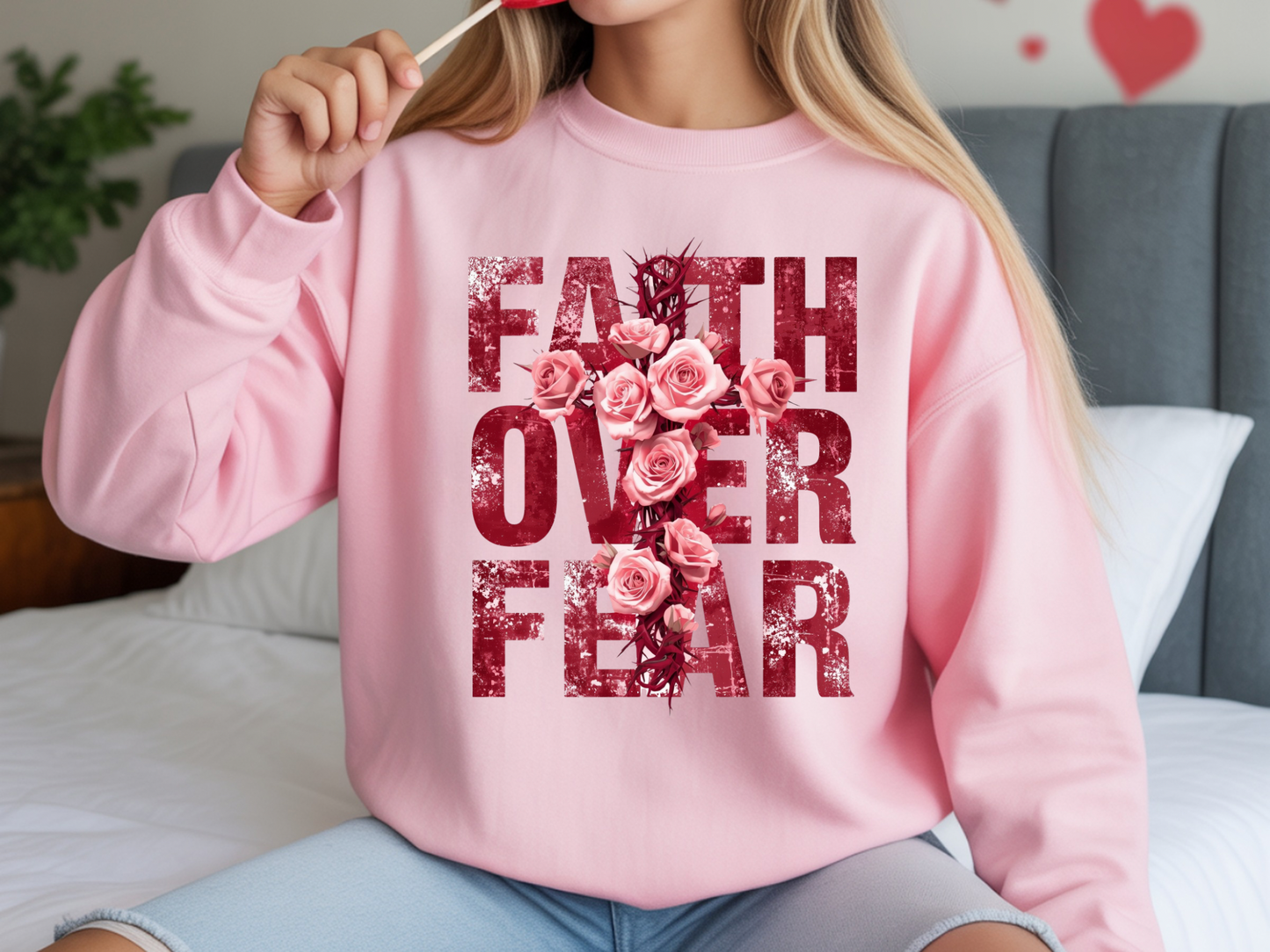 Sons & Daughters Faith over Fear sweatshirt featuring a stylish design and comfortable fit on a model.