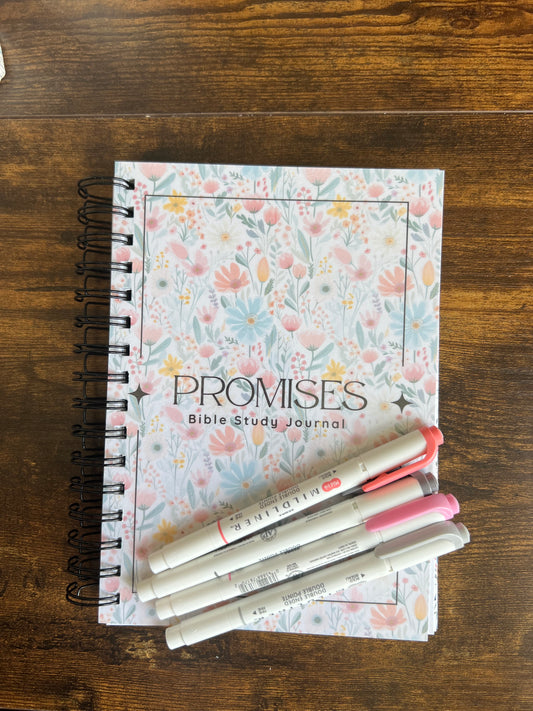 Spiral-bound Bible study journal titled "Promises of God" by Sons & Daughters, featuring lined pages and spiritual prompts.
