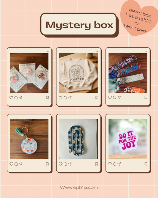 Mystery faith gift box with Sons & Daughters T-shirt, featuring a heartfelt hug-in-a-box design and faith-themed accessories.
