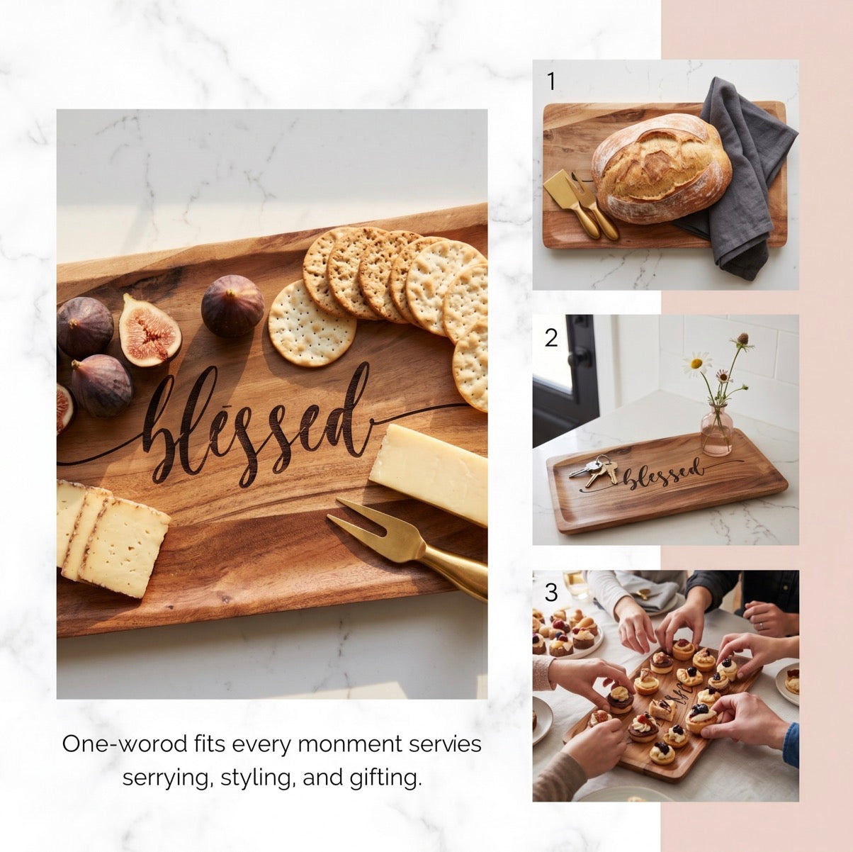 Solid wood decorative tray with "Blessed" acacia platter for faith-themed home decor, showcasing a rustic serving and display piece.