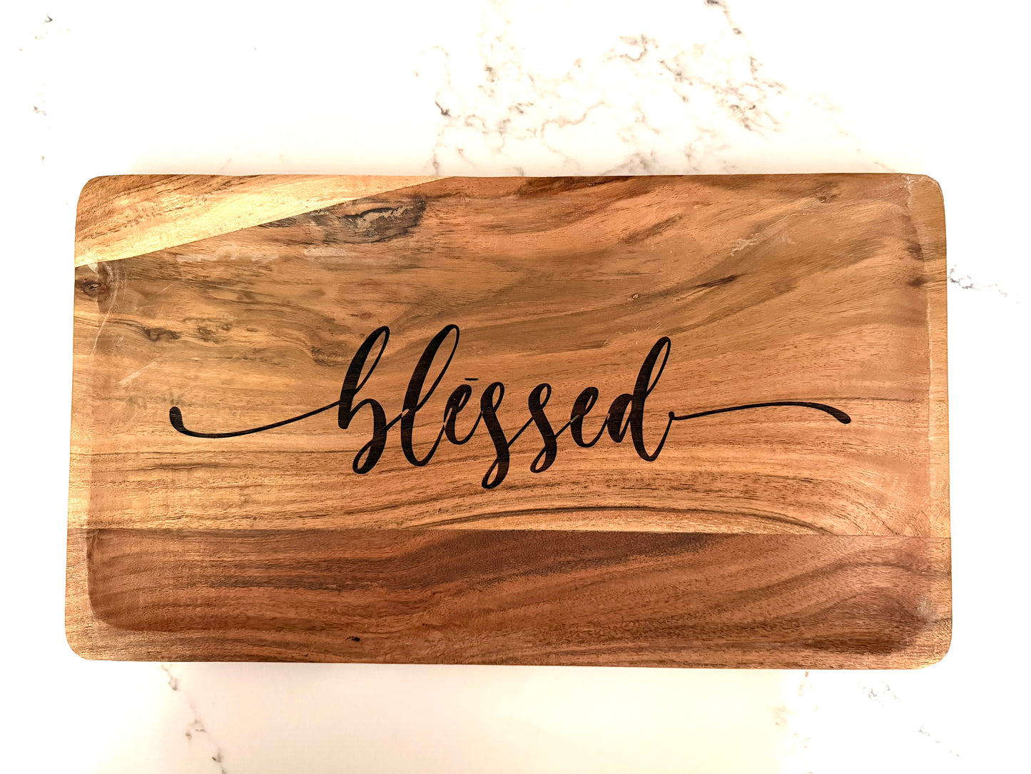 Solid wood decorative tray with faith-inspired design, blessed acacia platter for home decor and serving decor by Sons & Daughters