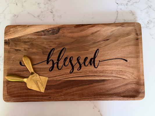 Solid wood decorative tray with faith-inspired design, blessed acacia platter for home decor, by Sons & Daughters.