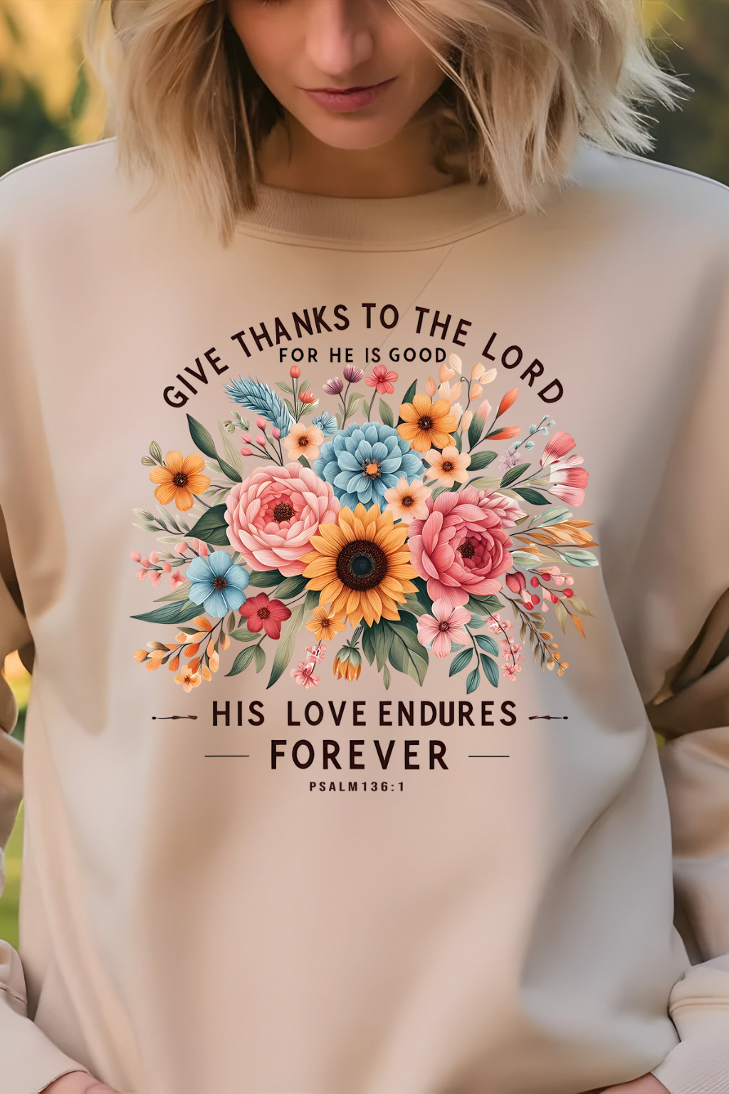 Sons & Daughters His Love Endures Forever sweatshirt featuring a cozy gray fabric with printed religious message.