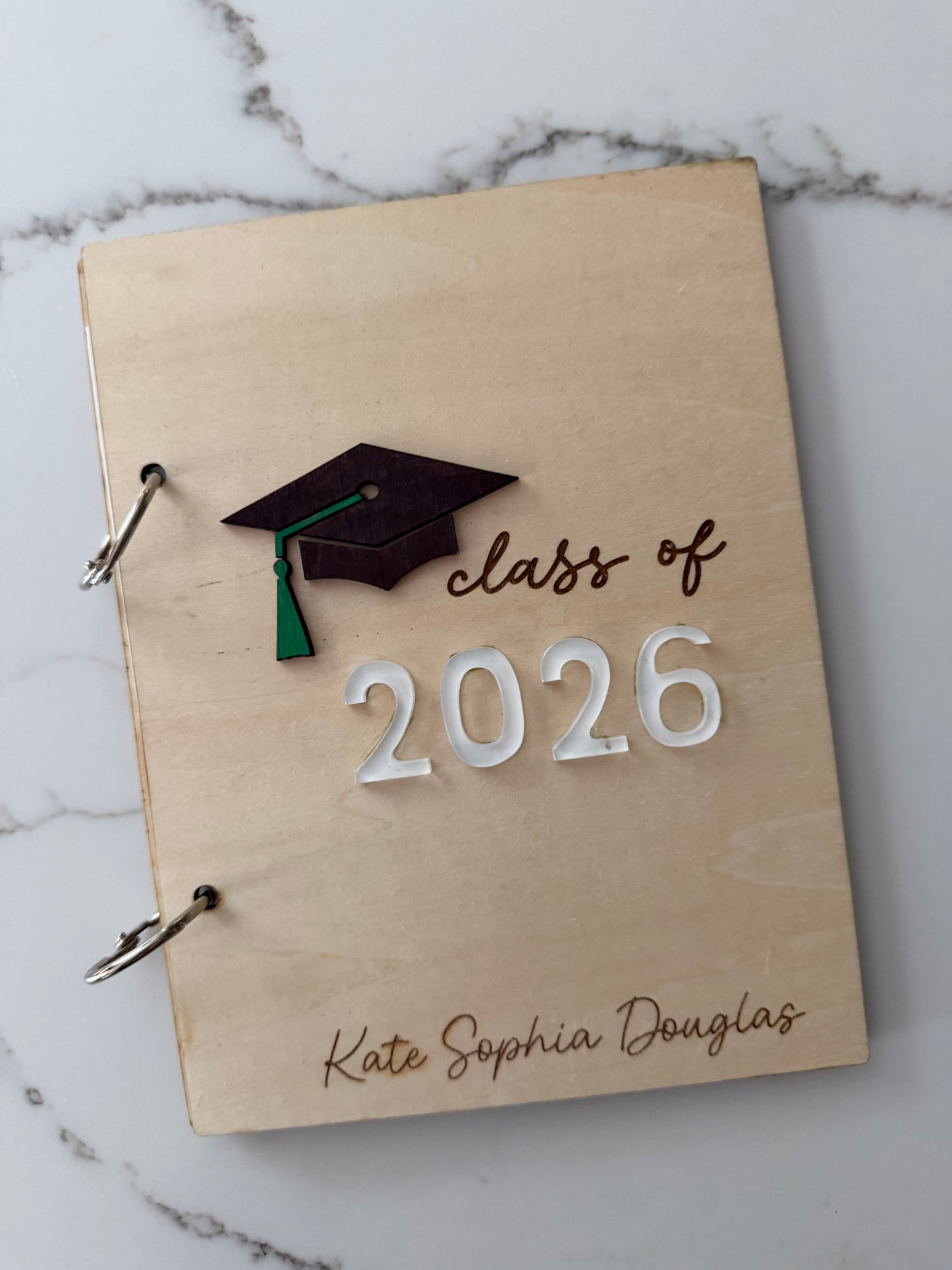 Personalized wooden graduation card holder with engraved details and Bible verse option, perfect for celebrating 2026 graduates.