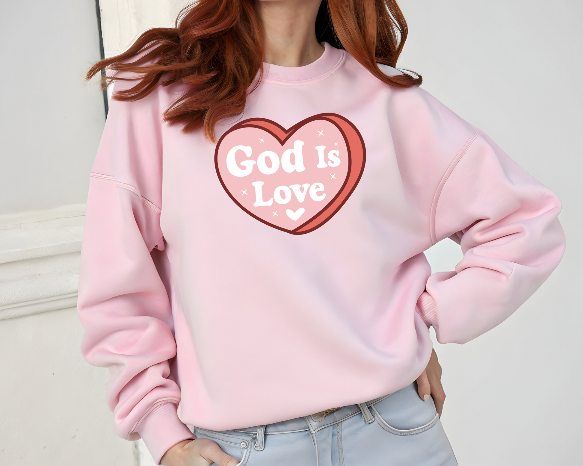 Sons & Daughters God is Love sweatshirt featuring a cozy cotton fabric with printed religious message in black text.