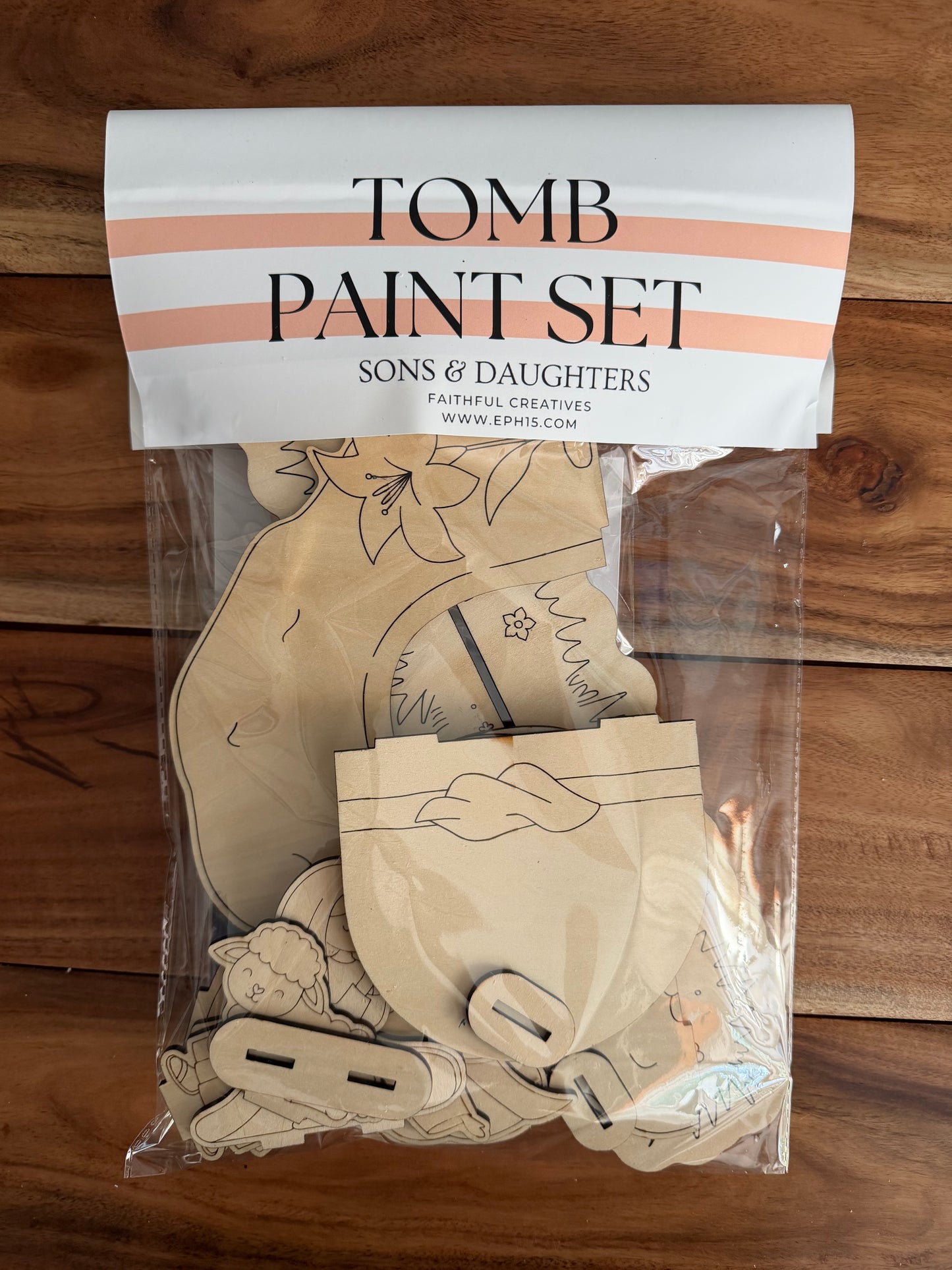 Wooden DIY Resurrection Tomb craft kit by Sons & Daughters, Christian Easter activity with empty tomb scene for kids.