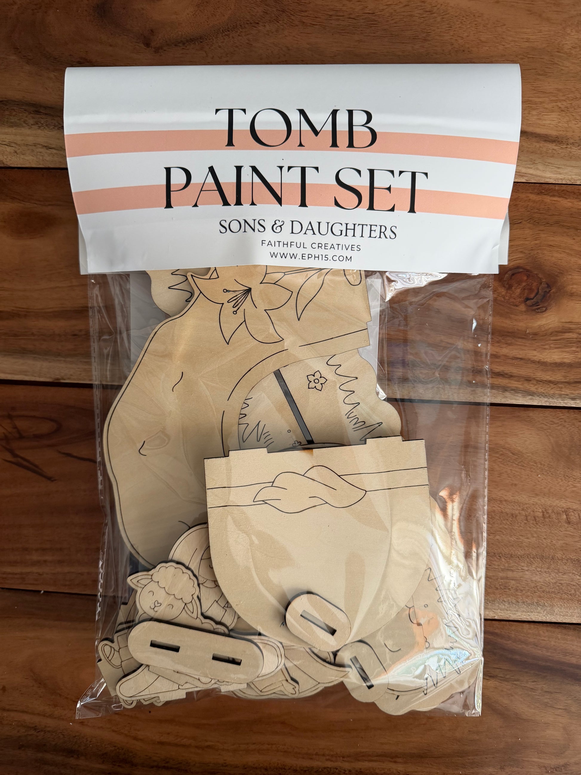 Wooden DIY Resurrection Tomb craft kit by Sons & Daughters, Christian Easter activity with empty tomb scene for kids.