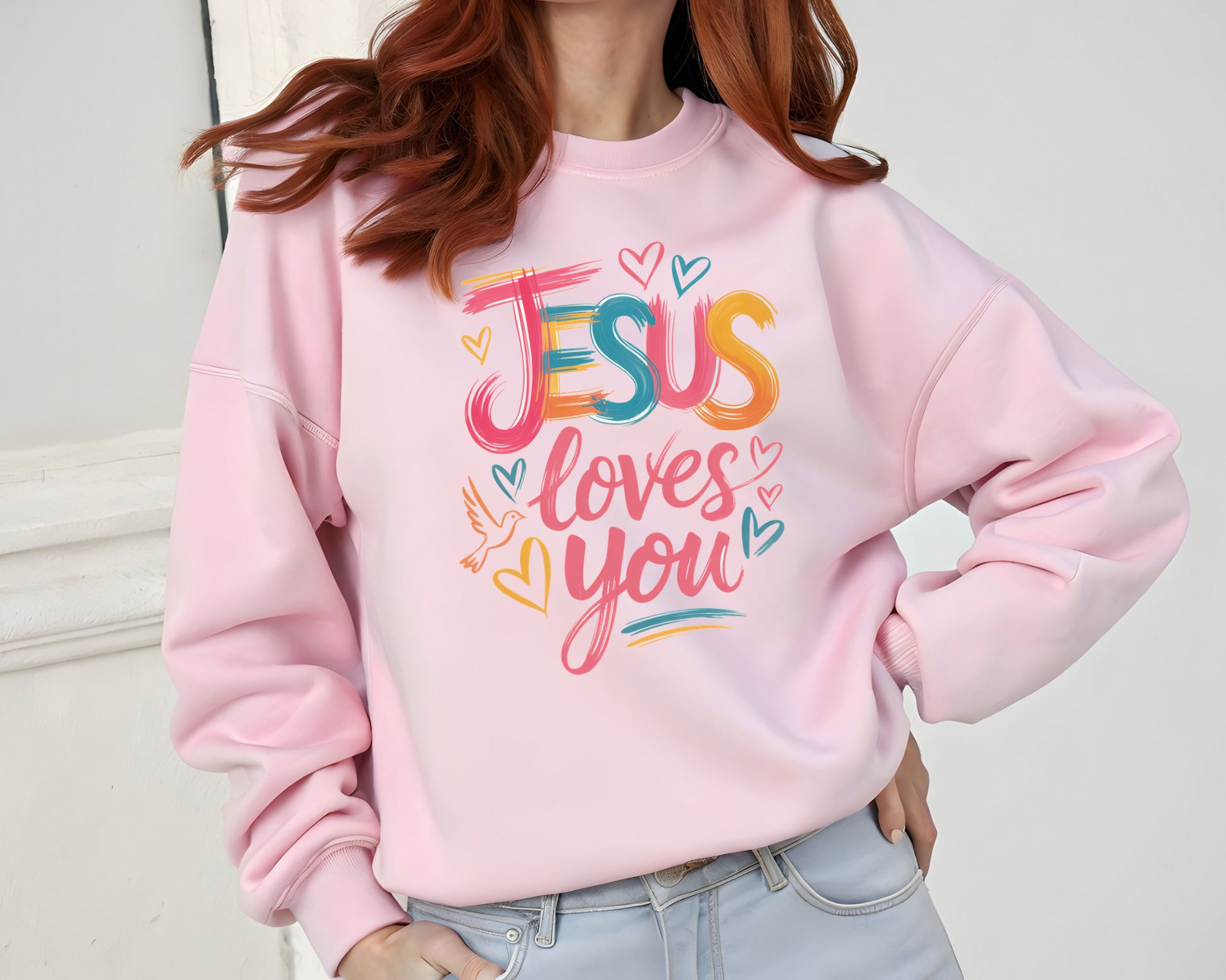 Sons & Daughters Jesus Loves You sweatshirt with printed text, soft fabric, and comfortable fit in a casual design.