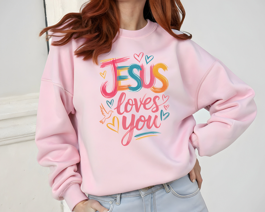 Sons & Daughters Jesus Loves You sweatshirt with printed text, soft fabric, and comfortable fit in a casual design.