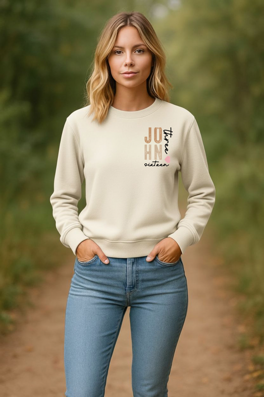 Sons & Daughters John 3:16 sweatshirt featuring a comfortable fit and printed scripture design on the front.