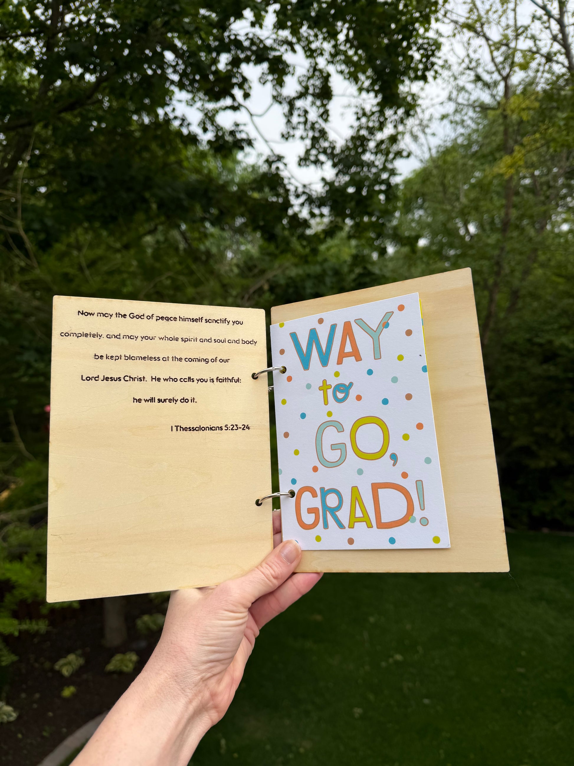 Personalized wooden graduation card holder with engraved Bible verse, a custom keepsake gift for graduates by Sons & Daughters.