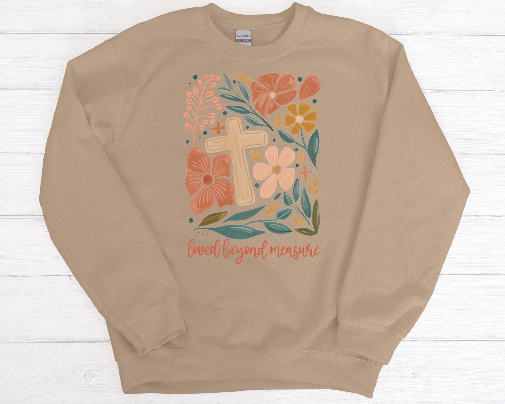 Sons & Daughters Love Beyond Measure sweatshirt featuring soft fabric and a heartfelt message printed on the front.