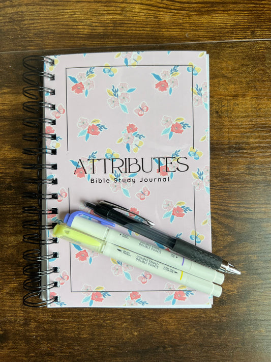 Bible study journal spiral edition by Sons & Daughters, with open pages showing space for notes on God's attributes.