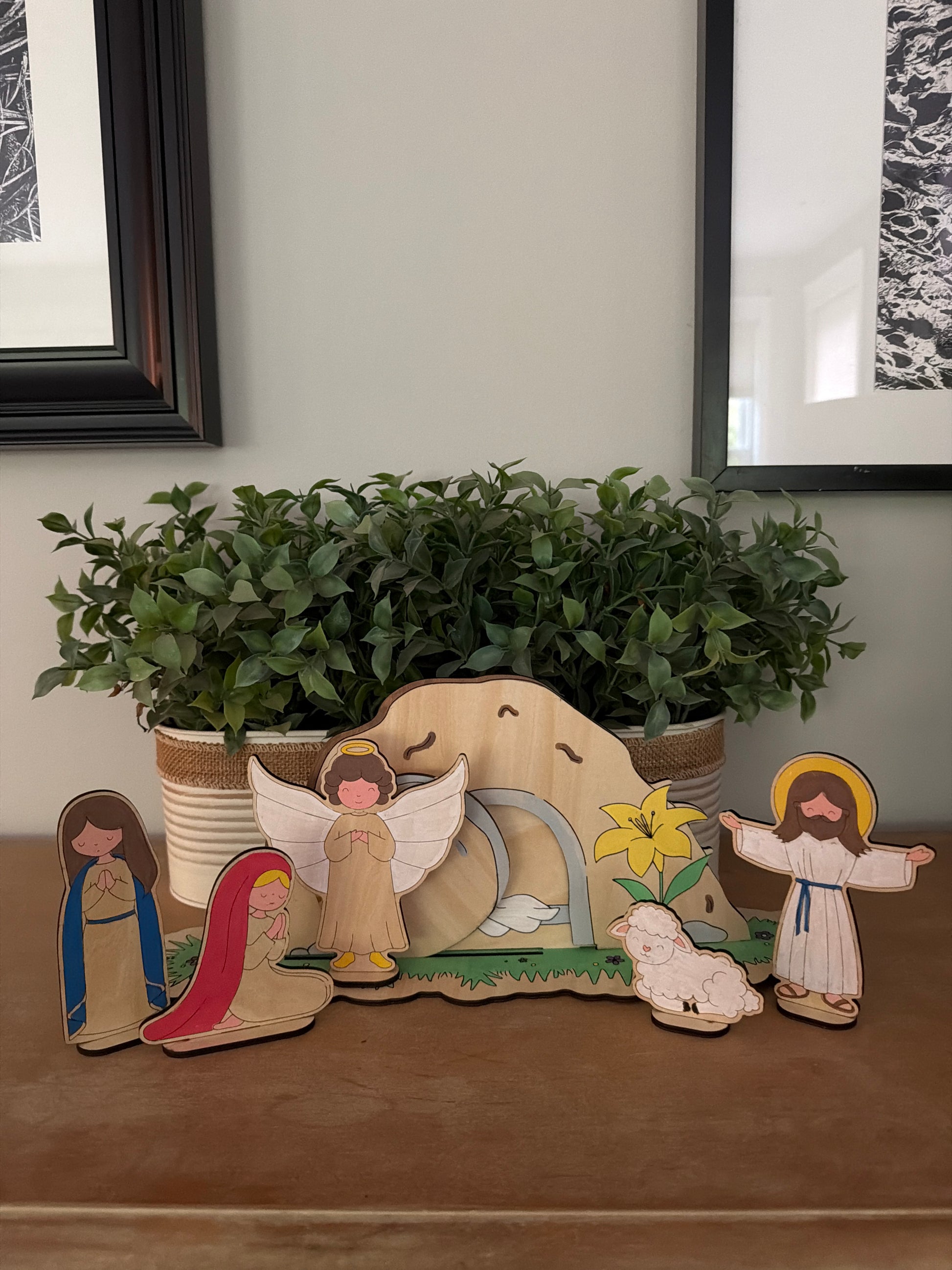 DIY Resurrection Tomb craft kit by Sons & Daughters, featuring wooden materials for Christian Easter activity and biblical resurrection scene.