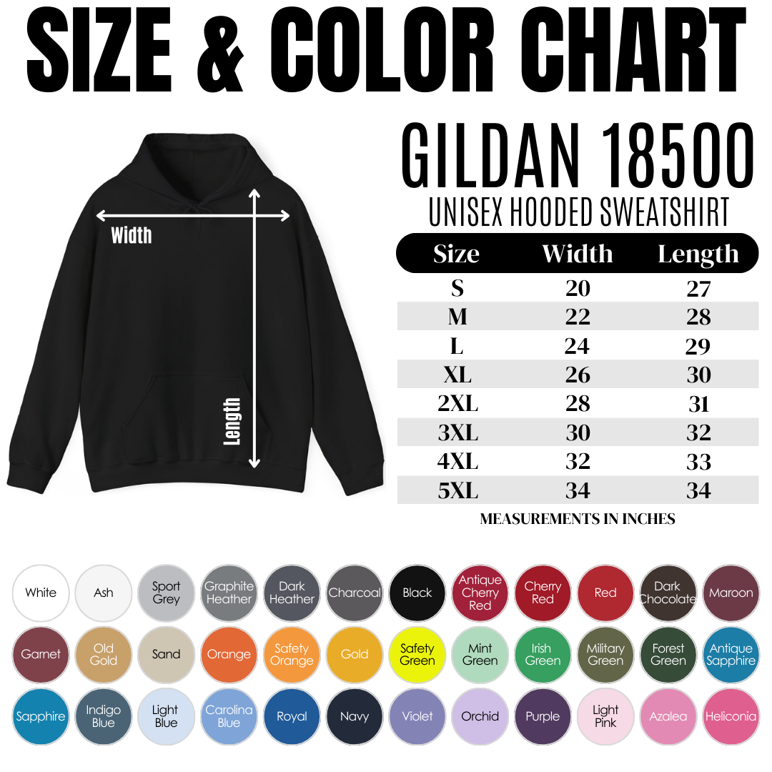 Chart showing sizes and colors available for the Sons & Daughters Created for Such a Time as This Hoodie on Gildan 18500.