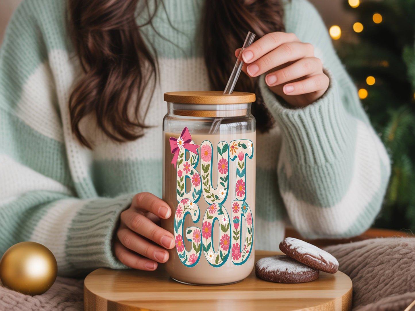 16 oz glass tumbler with floral "God" design, bamboo lid, and reusable straw by Sons & Daughters.
