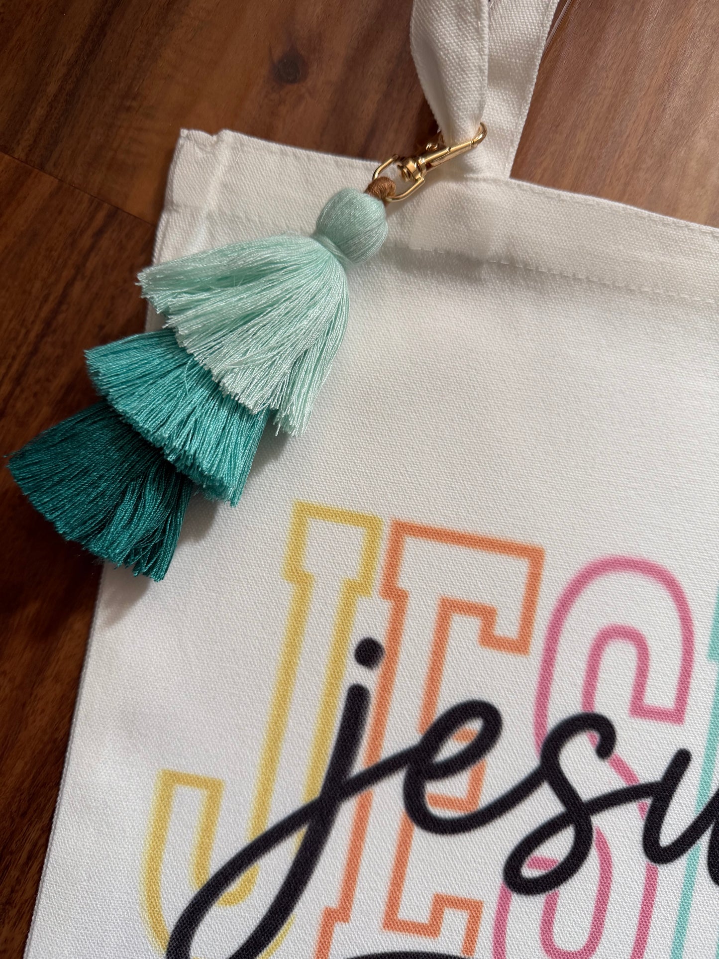 Color Jesus Canvas tassel Bible study bag by Sons & Daughters with colorful design and tassel accents, featuring a spacious bag for religious items.