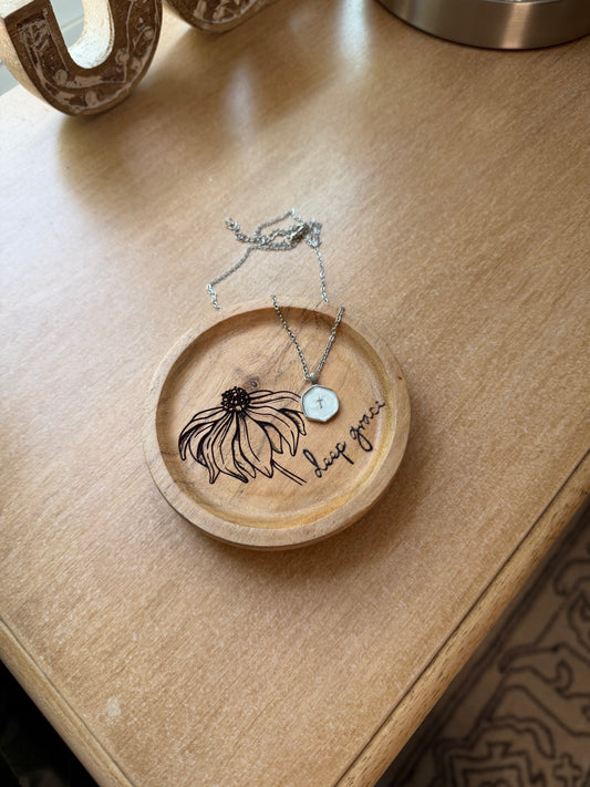 Christian gift ring dish with cross necklace from Sons & Daughters, ideal for baptism, confirmation, or bridesmaids.