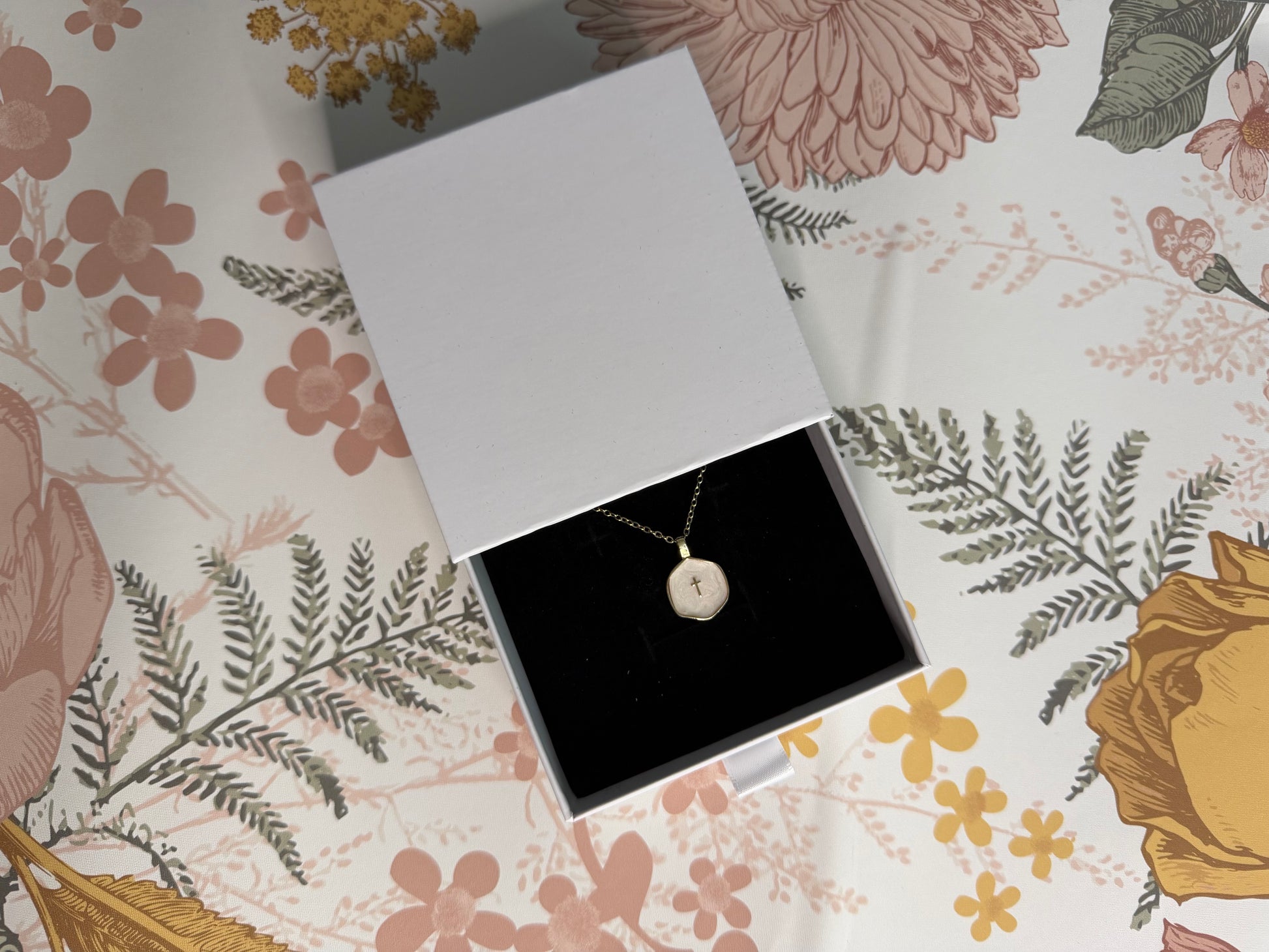 Sons & Daughters ring dish with cross necklace, Christian jewelry gift for women, ideal for baptism, confirmation, or bridesmaids.