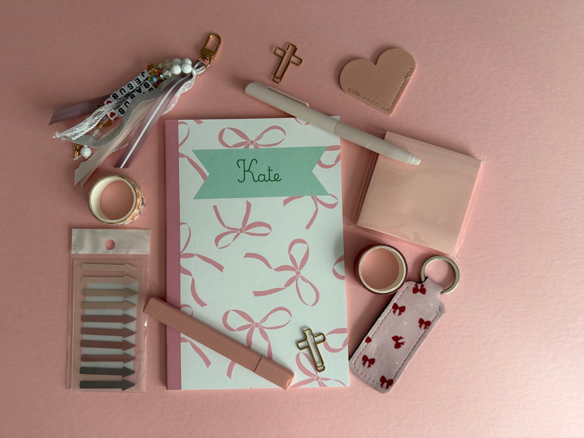 Personalized Sons & Daughters journaling and study kit with custom notebook, pens, sticky notes, and Bible verses, ideal for students and adults.