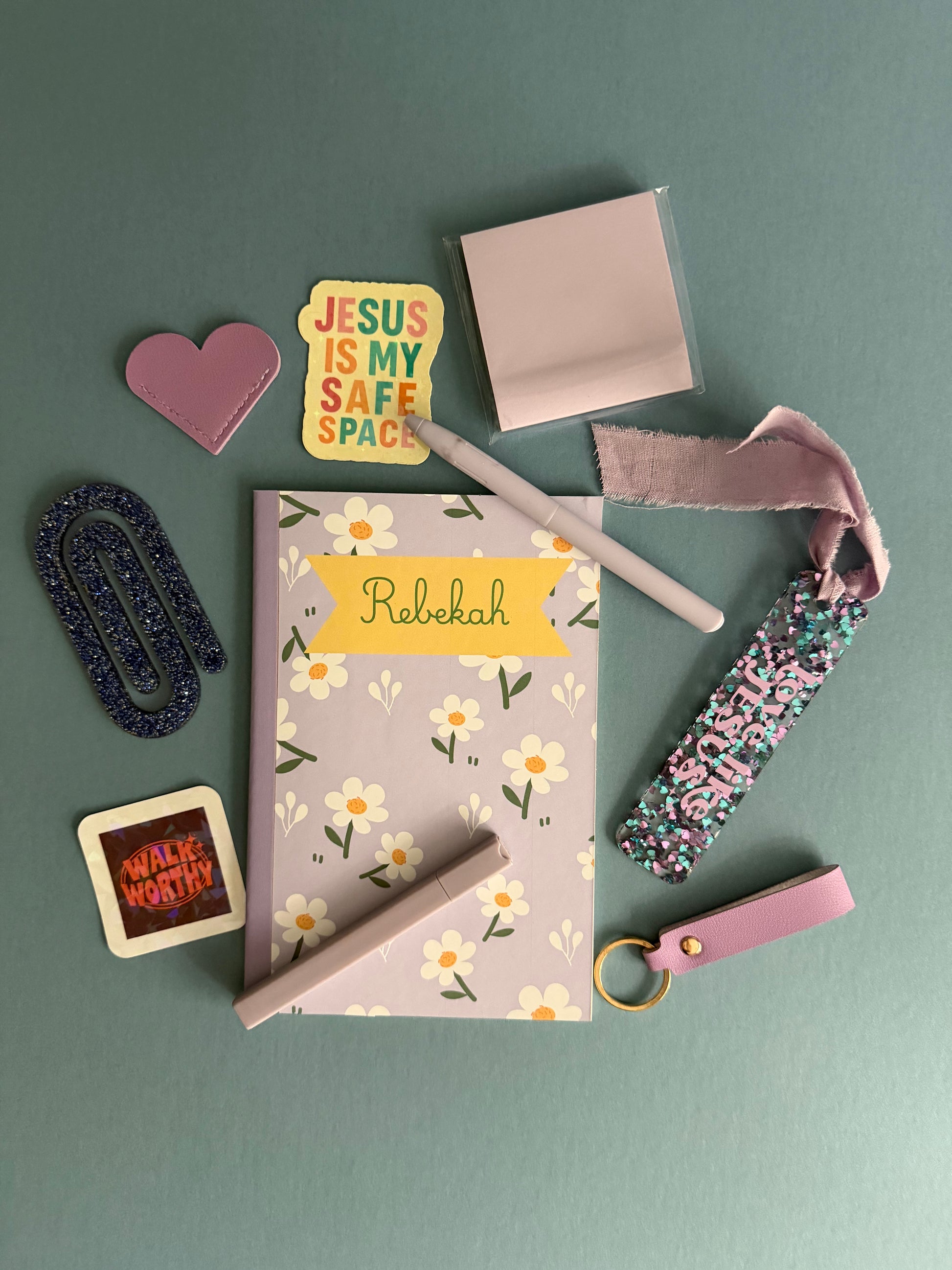 Personalized Sons & Daughters journaling and study kit with custom notebook, pens, sticky notes, and inspiring Bible verses for students and adults.